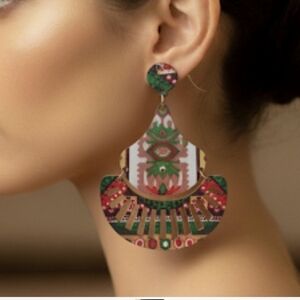Long geometric wooden drop earrings, vintage print earrings